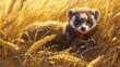 A detailed painting of a ferret amidst tall grass in a field, capturing the animals natural habitat