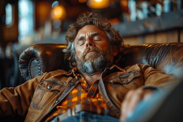 Relaxed man with casual style clothes lying back on a leather sofa in a cozy bar environment, crossing his legs