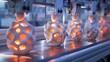 A series of white ceramic sculptures are being made in a factory. The sculptures are all different shapes and sizes, and they are all lit up with a warm, glowing light. Scene is one of creativity