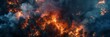A raging fire in the forest highlights ecological problems as the fiery wrath of nature ignites an explosion of heat and smoke, engulfing the tranquil forest in a volcanic inferno.