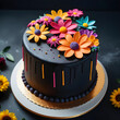 Black fondant cake with colorful flowers decoration