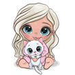 Cartoon girl holding a white kitten in her arms