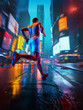 Muscular young man, athlete in motion, running along empty urban city street with neon lights, emphasizing importance of physical activity for overall health. Active and healthy lifestyle, sport