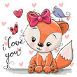 Cartoon Fox with Bird on a hearts background