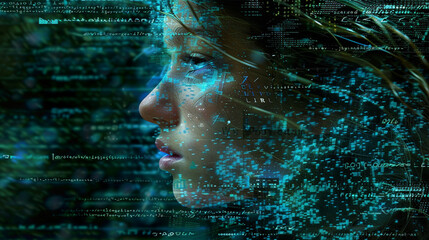 Close-up cybernetic female face amidst a stream of digital code