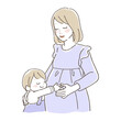 Illustration of a pregnant woman patting her stomach and a child hugging her.
