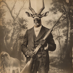 Vintage  gazelle portrait with a costume and a gun