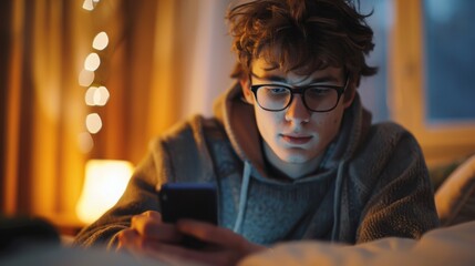 Poster - Man texting in cozy bedroom