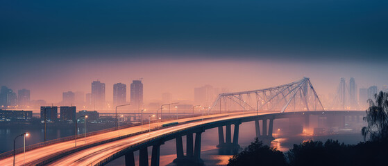 Poster - Metropolis Twilight: Bridge and Cityscape at Dusk