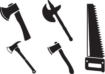 Wall Mural - Different kinds of axes. Forester, fire, tourist axe and kitchen axe . Saw with tree cutting symbol. woodworking emblem. Save trees idea poster and banner designing.