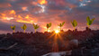 Young Plant Seedlings Growing in Soil Against Sunset Sky