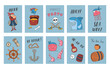 Cute Pirate cards set. Cartoon sea adventures cards collection. Vector illustration