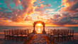 © Rangga Bimantara - beautiful sunset beach wedding ceremony with an arch and floral decorations, surrounded by wooden chairs facing the ocean at golden hour. wedding setup on beach. creating a romantic atmosphere