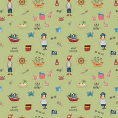 Wall Mural - Cute Pirate elements Seamless Pattern. Cartoon items Pirate and objects. background. Vector illustration