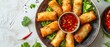 Savory Lumpia with Spicy Dip on a Pristine Backdrop. Concept Filipino Cuisine, Appetizer Recipes, Spicy Dips, Food Photography, Culinary Arts
