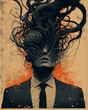 A man in a suit with a tangled brain, manipulated by invisible hands, retro-futuristic illustration, , classic illustration of a 50s era, vintage & pop background, wallpaper, poster design, banner