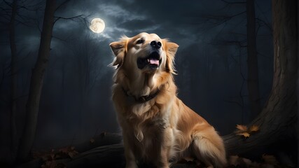 Wall Mural - A majestic golden retriever dressed as a werewolf, howling at the full moon in a dark and eerie forest.