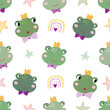 Childish seamless pattern with frog heads and rainbows, decorative kids wallpaper
