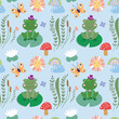 Childish seamless pattern with cute elements, frog, butterfly and waterlilies