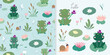 Childish set with cute seamless pattern and elements, adorable frogs and waterlilies