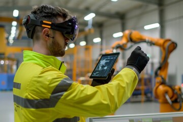 Engineer with Augmented Reality Headset in Smart Factory