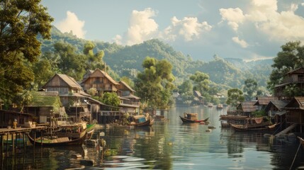 Wall Mural - A riverside village with traditional wooden houses and fishing boats, showcasing the intimate connection between human communities and rivers.