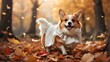 A playful corgi dressed as a ghost, frolicking among the fallen leaves in a whimsical and colorful autumn forest.