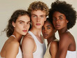 © Svetlana - photo of group young models posing for the camera, men and women of different races wearing black sports wear tank tops, neutral background with soft warm lighting, capturing a natural look