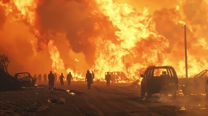 An emergency evacuation scene as people flee from advancing wildfires, underscoring the urgency and danger of evacuating affected areas.