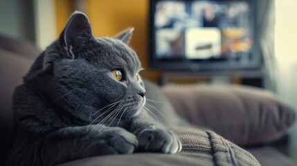 Wall Mural - British Grey cat. Cat watching TV and relaxing on the couch. Soft focus