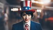 White Woman with Black Hair Dressed as Uncle Sam for the 4th of July