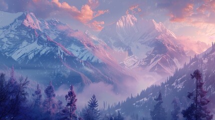 Canvas Print - Fantasy winter landscape with snowy mountains and coniferous forest.