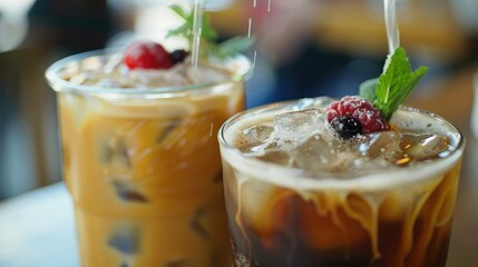 Sticker - Iced coffee with ice cubes and berries on the wooden table.