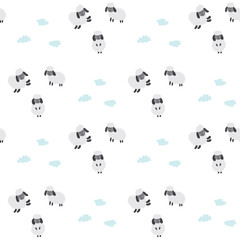 Wall Mural - Cute Sheep Seamless Pattern, Cartoon Background vector Illustration