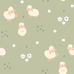 Wall Mural - Cute Sheep Seamless Pattern, Cartoon Background vector Illustration