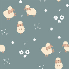 Wall Mural - Cute Sheep Seamless Pattern, Cartoon Background vector Illustration