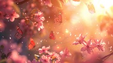 Enchanting Sakura Blossom: A Serene Haven Of Pink Petals And Fluttering Butterflies