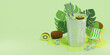 © ArtsTaras - Kiwi cocktail cup and palm leaves banner template. 3d render illustration of plastic takeaway cup with kiwi.