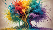 Explosión de vida: un estallido orgánico en un lienzo abstracto, donde las ramas y raíces cobran vida en un despliegue de color y movimiento, derramando vida y creatividad