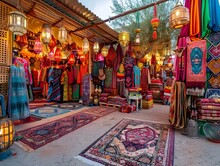 Vibrant Eid Al Adha Market With Colorful Textiles And Festive Merchandise