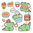 Set of cute crocodile various poses in apple pie concept.Reptile animal character cartoon design.Fruit,cupcake,apple,milk,ice cream,jam hand drawn.Kid graphic.Kawaii.Vector.Illustration.