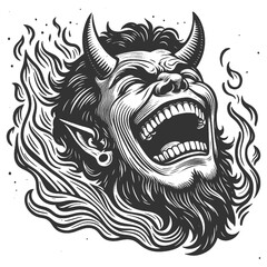 Devil devilish figure laughing with horns and a mischievous expression sketch engraving generative ai fictional character vector illustration. Scratch board imitation. Black and white image.