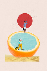 Poster - Creative picture collage image travel agency booking tickets resort orange citrus fruit surreal concept two men valise tourists