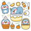 Set of cute penguin various poses in orange concept.Bird animals character cartoon design.Fruit,cake,fried egg,bubble milk tea hand drawn.Kid graphic.Kawaii.Vector.Illustration.