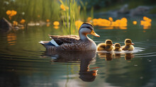 A Family Of Ducks Swimming Gracefully Across A Calm, Reflective Pond.