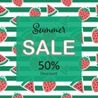 Creative summer sale banner in trendy bright colors with tropical leaves and discount text. Season promotion illustration.