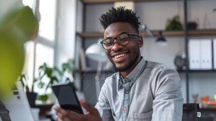 Sticker - Smiling Man with Smartphone at Office