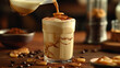 espresso shots from a jug that is small and white, into a glass of coffee with milk swirls mixture cleanly side view, no splashing and no spilling, background is blurred to emphasize the focus and tex