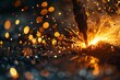 A close-up of a welding torch, sparks erupting as it cuts through a thick piece of metal.
