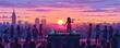 Pixel art of a girl at a rooftop party, city skyline at sunset, guests dancing and DJ playing retro 8-bit music